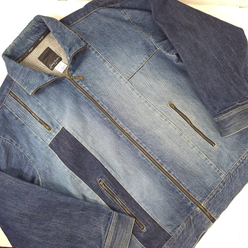 VINTAGE Y2K SEAN JOHN TWO TONED PATCHWORK DENIM JACKET MEN'S SIZE XL ZIP POCKETS